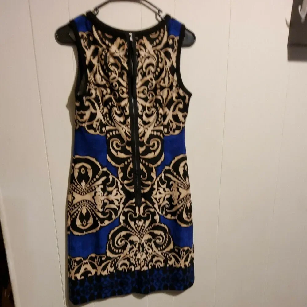 DONNA MORGAN WOMENS BLACK, TAN & BLUE SWIRL PATTERN DRESS SZ 4 - Picture 5 of 5